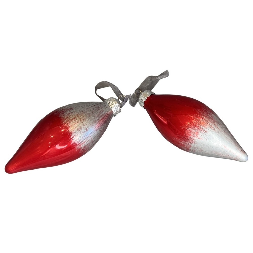 Red and Silver Ombre Glass Teardrop Christmas Ornaments Set of 2 Holiday Decor